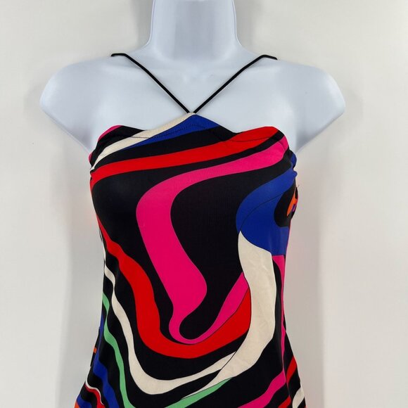 MICAS S Psychedelic Swirl Mini Dress Bodycon Strapless Multi-Color Y2K Party - Picture 2 of 9